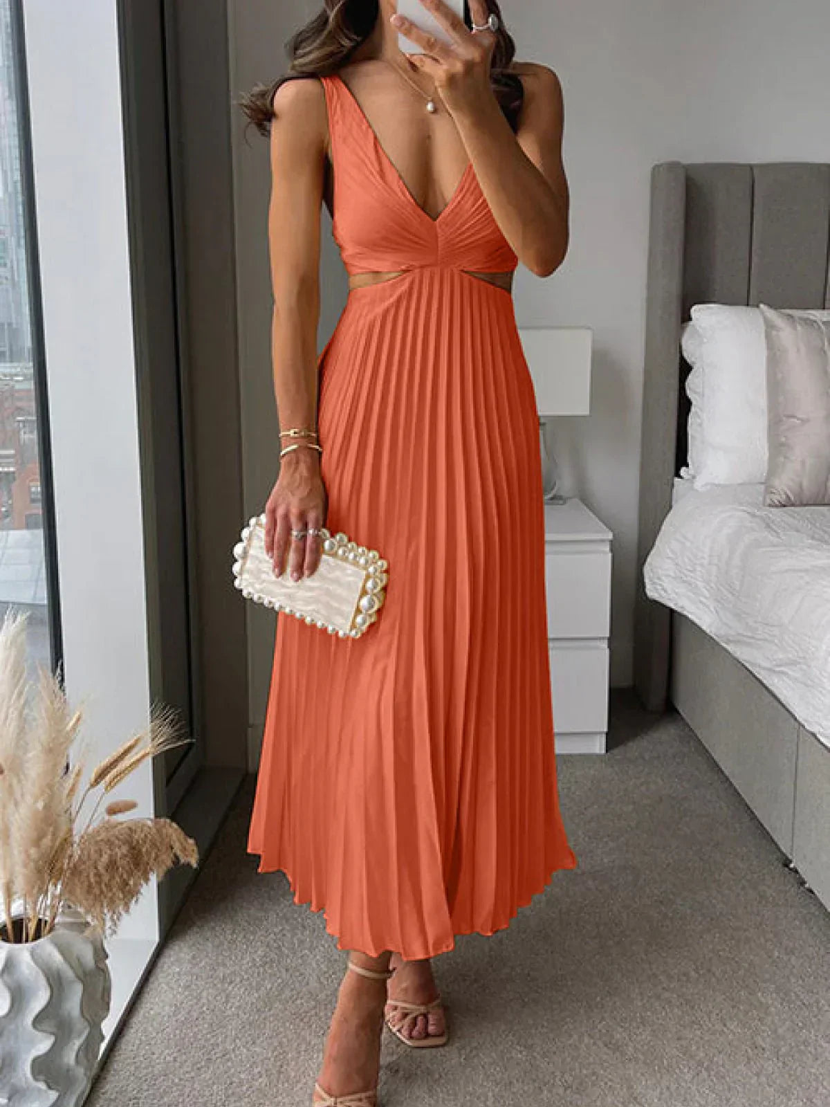 Mila Satin Dress - Elegant Midi Dress with Neckline, Delicate Pleats and Luxurious Cut