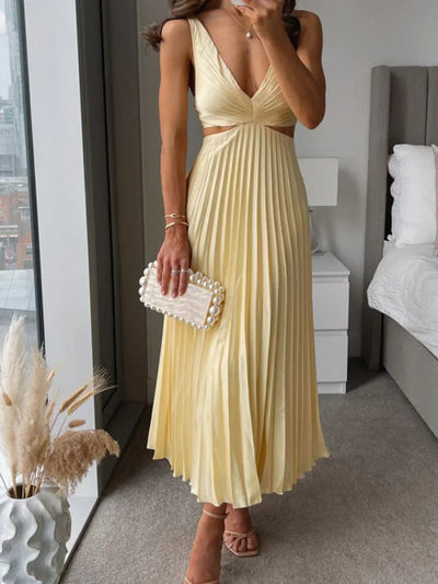 Mila Satin Dress - Elegant Midi Dress with Neckline, Delicate Pleats and Luxurious Cut