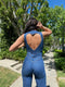 Retro Denim Jumpsuit with Open Back - Trendy and Stylish for a Vintage Touch