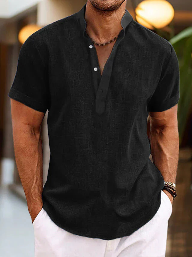 Men's Silas Linen Shirt - Breathable Summer Shirt with Henley Collar and Short Sleeve