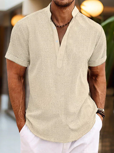 Men's Silas Linen Shirt - Breathable Summer Shirt with Henley Collar and Short Sleeve