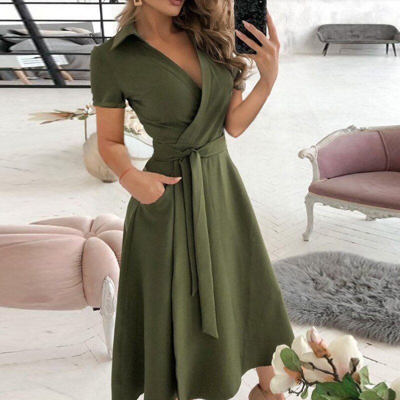 Ella Elegant Women's Dress - Cotton Dress with Waistband and Classic, Versatile Style