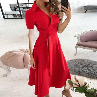 Ella Elegant Women's Dress - Cotton Dress with Waistband and Classic, Versatile Style