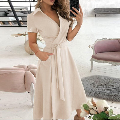 Ella Elegant Women's Dress - Cotton Dress with Waistband and Classic, Versatile Style