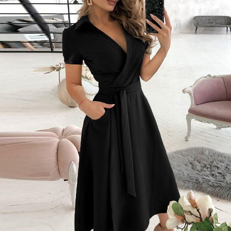Ella Elegant Women's Dress - Cotton Dress with Waistband and Classic, Versatile Style